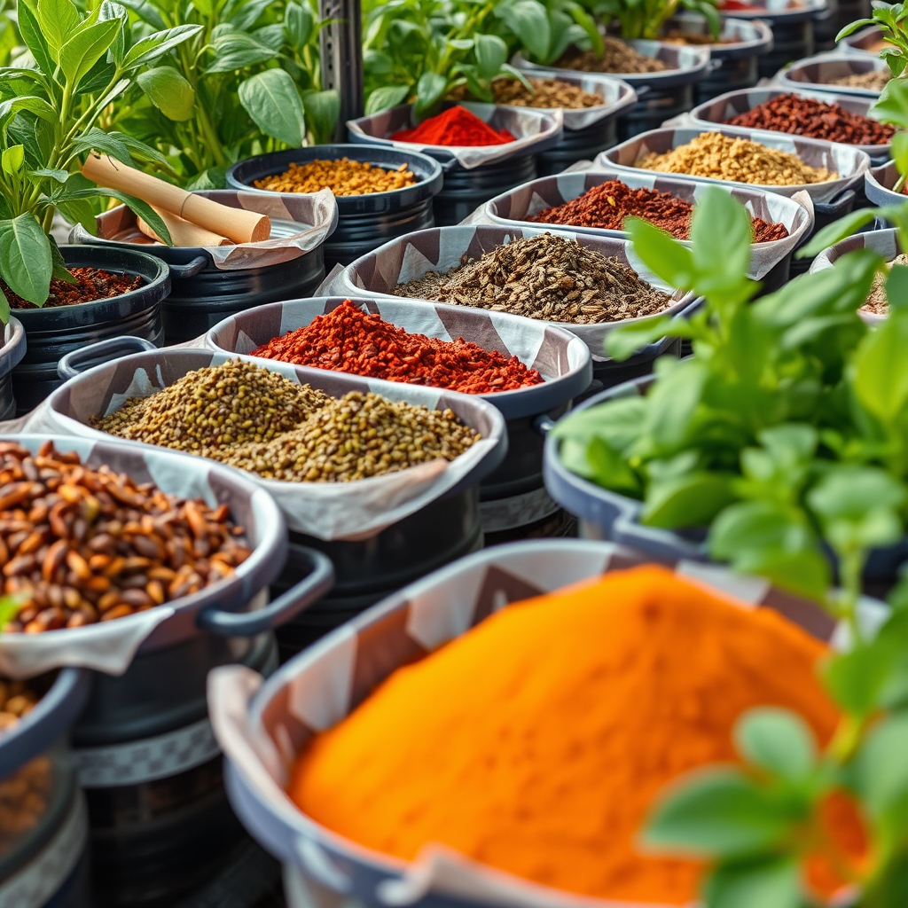 Bowls of ground spices and herbs