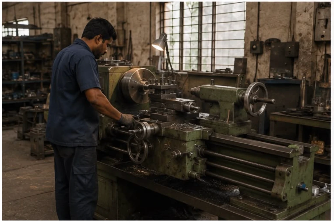 Precision machining on a lathe at the Creative Vibro Screens workshop