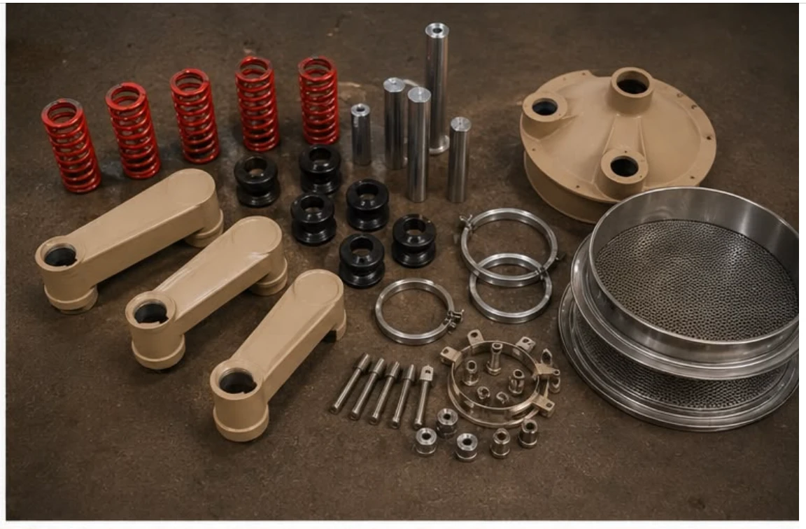 Machined springs, clamps and screen components ready for assembly